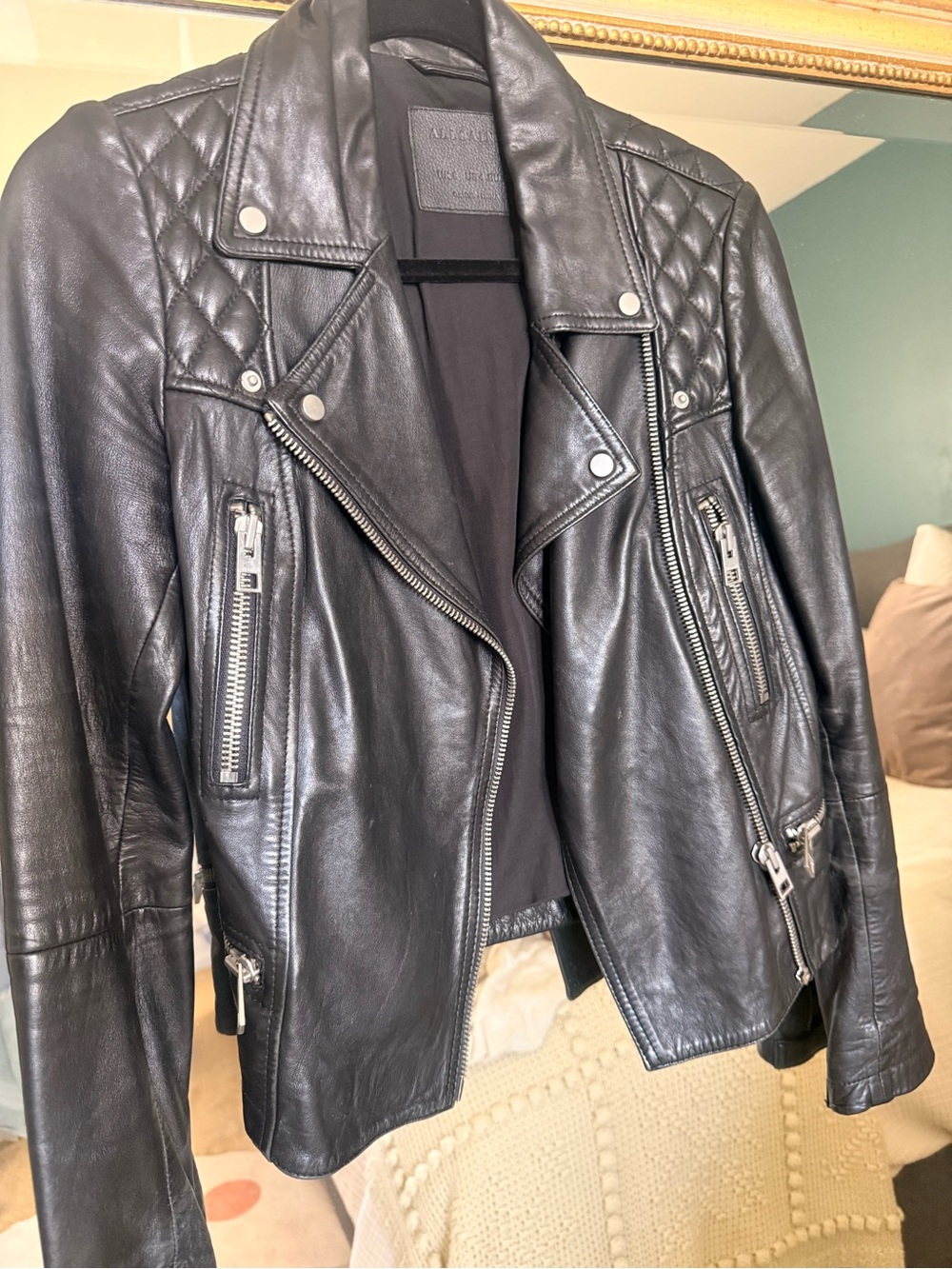All Saints Black Leather Quilted Moto Jacket